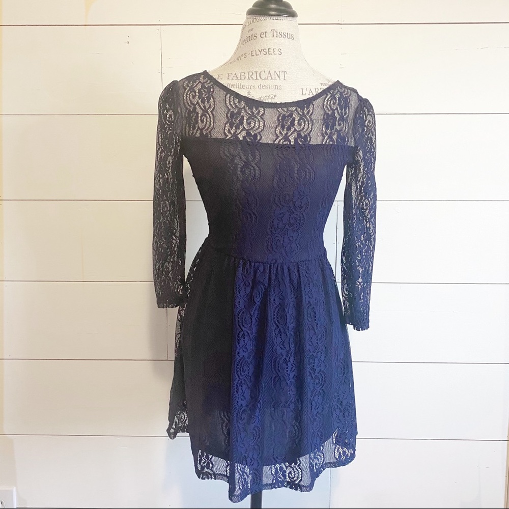 NWOT “Dragonfly” blue lace open-back dress